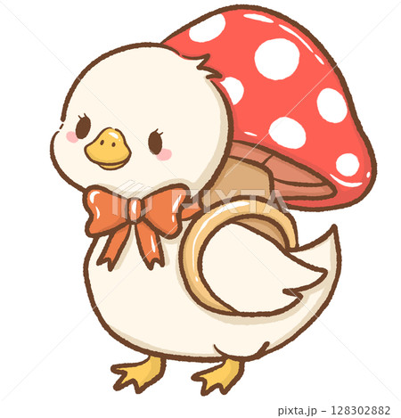 Cute hand drawn kawaii silly goose wearing a mushroom like a backpack charming whimsical forest illustration perfect for fairy tale themes magical nature designs children books stickers stationery Cute hand drawn kawaii silly goose wearing a mushroom like a backpack charming whimsical forest illustration perfect for fairy tale themes magical nature designs children books stickers stationery 128302882