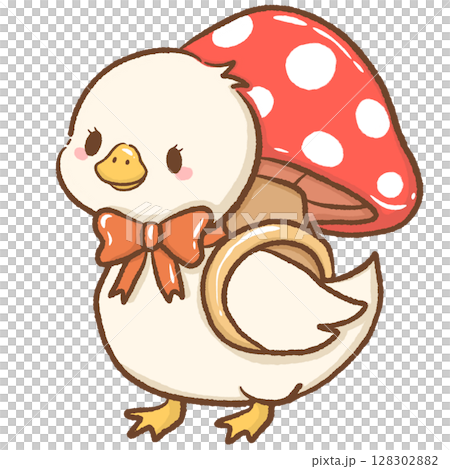 Cute hand drawn kawaii silly goose wearing a mushroom like a backpack charming whimsical forest illustration perfect for fairy tale themes magical nature designs children books stickers stationery  128302882