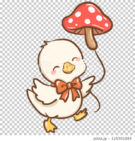 Adorable hand drawn kawaii silly goose playing with a mushroom shaped kite whimsical forest illustration perfect for fairy tale themes magical nature designs children books stickers stationery  128302884