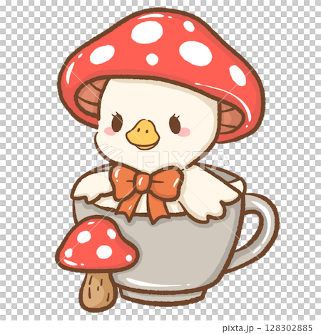 Cute hand drawn kawaii silly goose sitting inside a tea cup charming whimsical illustration perfect for fairy tale themes cozy designs children books stickers stationery and craft projects 128302885