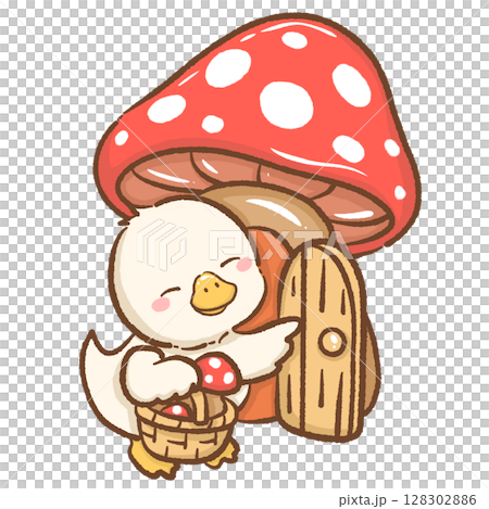 Adorable hand drawn kawaii silly goose opening a door to a mushroom cottage whimsical fairy tale illustration perfect for magical forest themes nature designs children books stickers and crafts Adorable hand drawn kawaii silly goose opening a door to a mushroom cottage whimsical fairy tale illustration perfect for magical forest themes nature designs children books stickers and crafts 128302886