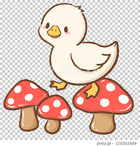 Adorable hand drawn kawaii silly goose walking on top of mushrooms whimsical forest illustration perfect for fairy tale themes magical nature designs children books stickers stationery and crafts 128302889