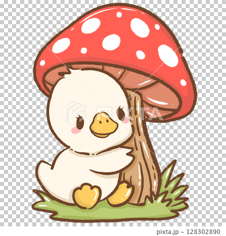 Cute hand drawn kawaii silly goose hugging a big mushroom charming whimsical forest illustration perfect for fairy tale themes magical nature designs children books stickers stationery and crafts 128302890