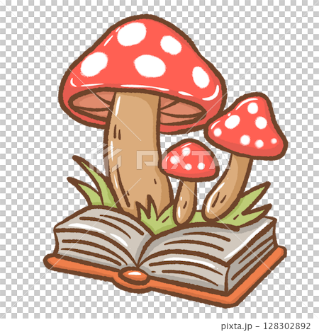 Charming hand drawn kawaii red mushrooms sprouting from an open book whimsical fantasy illustration perfect for magical storytelling nature themes fairy tale designs children crafts and stickers Charming hand drawn kawaii red mushrooms sprouting from an open book whimsical fantasy illustration perfect for magical storytelling nature themes fairy tale designs children crafts and stickers 128302892