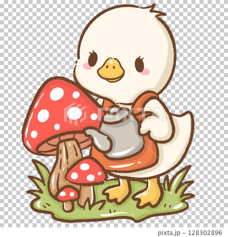 Adorable hand drawn kawaii silly goose watering mushrooms with a teapot whimsical forest illustration perfect for fairy tale themes magical nature designs children books stickers stationery 128302896