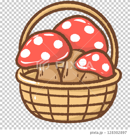 Adorable hand drawn kawaii basket overflowing with vibrant mushrooms cute forest harvest illustration perfect for autumn designs fairy tale themes nature crafts stickers and whimsical art projects 128302897