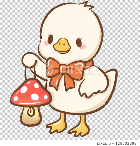 Whimsical hand drawn kawaii silly goose holding a glowing mushroom lamp cute forest creature illustration perfect for fairy tale designs children books stickers and charming craft projects Whimsical hand drawn kawaii silly goose holding a glowing mushroom lamp cute forest creature illustration perfect for fairy tale designs children books stickers and charming craft projects 128302898