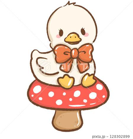 Cute hand drawn kawaii silly goose sitting on a big mushroom whimsical forest illustration perfect for fairy tale themes magical nature designs children books stickers stationery and crafts Cute hand drawn kawaii silly goose sitting on a big mushroom whimsical forest illustration perfect for fairy tale themes magical nature designs children books stickers stationery and crafts 128302899