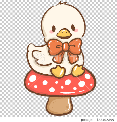 Cute hand drawn kawaii silly goose sitting on a big mushroom whimsical forest illustration perfect for fairy tale themes magical nature designs children books stickers stationery and crafts Cute hand drawn kawaii silly goose sitting on a big mushroom whimsical forest illustration perfect for fairy tale themes magical nature designs children books stickers stationery and crafts 128302899