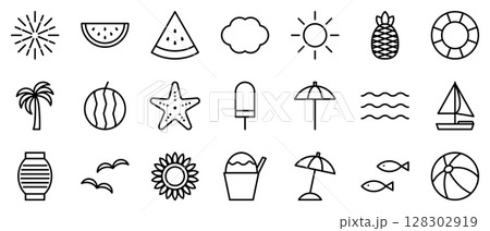夏　アイコン　セット　線画　ベクター　セット 128302919