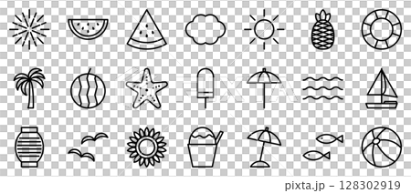 夏　アイコン　セット　線画　ベクター　セット 128302919