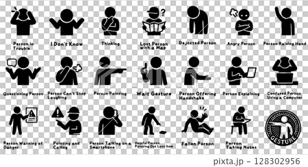 身振り手振りで感情や動作を伝える人物ピクトグラムセット 128302956