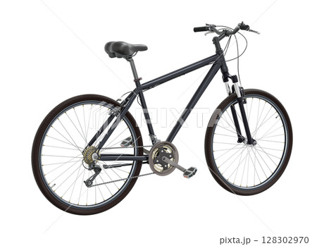 Black bicycle, top back view. Black leather saddle and handles. Png clipart isolated on transparent background 128302970