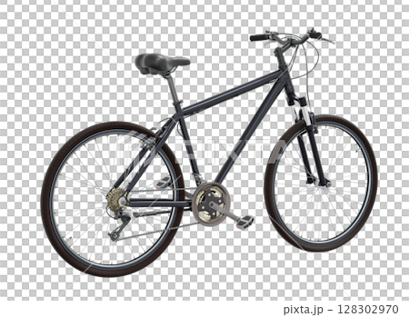 Black bicycle, top back view. Black leather saddle and handles. Png clipart isolated on transparent background 128302970