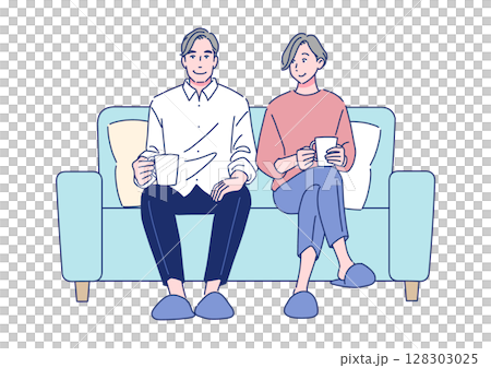 一對友好的老年夫婦並排坐在沙發上 一對友好的老年夫婦並排坐在沙發上 128303025