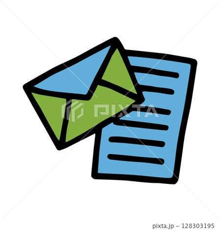 Doodle Open envelope with letter icon or logo, hand drawn, thin black line and colored 128303195