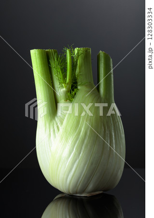 Fennel bulb with green stalks and fronds on a black background. Fennel bulb with green stalks and fronds on a black background. 128303334