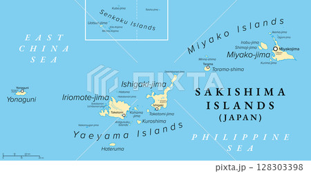 Sakishima Islands, Japan, political map. Southernmost end of Japanese Archipelago, part of Ryukyu Islands, including Miyako, Yaeyama and Senkaku Islands, administered as part of Okinawa Prefecture. 128303398