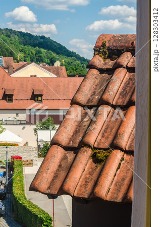 Old Clay Rooftop Tiles with Moss Growth, European Townscape in Sunny Weather. High quality photo 128303412