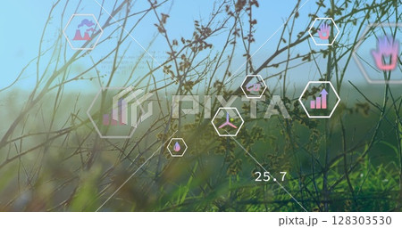 Image of digital icons and data processing over power lines on field 128303530