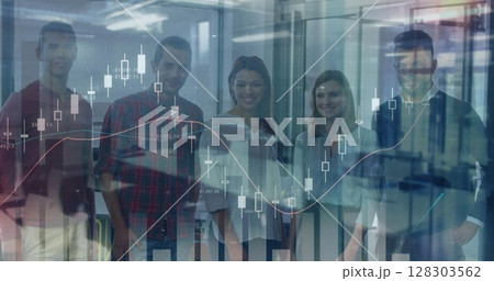 Image of financial data processing over business people in office Image of financial data processing over business people in office 128303562