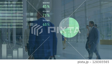 Image of financial data processing over business people walking in office Image of financial data processing over business people walking in office 128303565