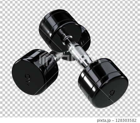 Two blank Round Dumbbells, black weightlifting gym equipment top view, isolated on white background. 3D illustration Two blank Round Dumbbells, black weightlifting gym equipment top view, isolated on white background. 3D illustration 128303582