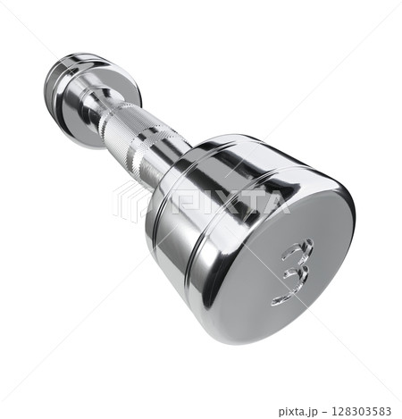 Blank Round Dumbbell, chrome weightlifting gym equipment side view, isolated on white background. 3D illustration 128303583