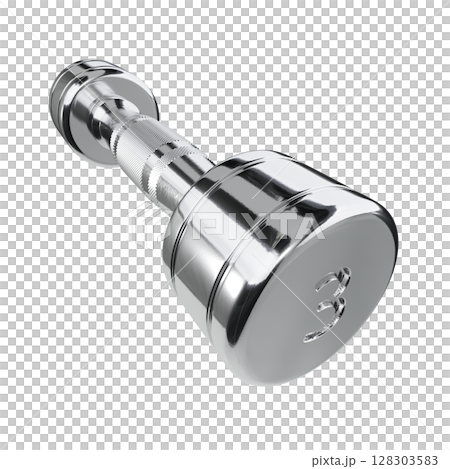 Blank Round Dumbbell, chrome weightlifting gym equipment side view, isolated on white background. 3D illustration 128303583