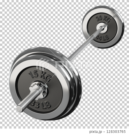 Cast Iron Adjustable Barbell with 20kg and 15kg plates, side view, isolated on white background. 3D illustration 128303765