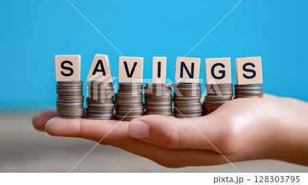 Hand holding coins and wooden block spelling SAVINGS 128303795