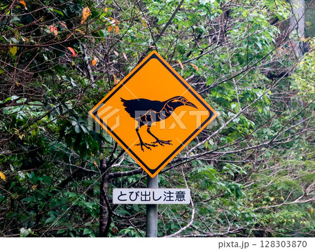 沖縄・ヤンバル地域のヤンバルクイナ注意標識　道路に設置された野生動物保護サイン 128303870