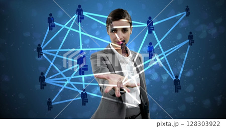 Businesswoman interacting with virtual network, connecting people in digital space Businesswoman interacting with virtual network, connecting people in digital space 128303922