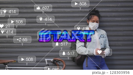 Using smartphone, woman in face mask receiving social media notifications Using smartphone, woman in face mask receiving social media notifications 128303956