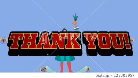 Image of text thank you, over woman in superhero outfit holding child and balancing objects 128303957