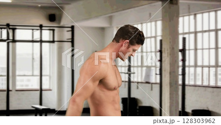 Image of stressed strong muscular caucasian man in gym 128303962