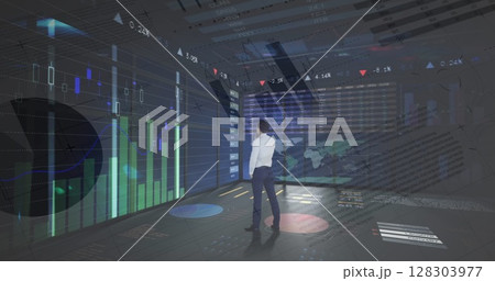 Image of statistics and financial data processing over businessman in office 128303977