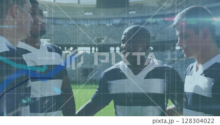 Image of statistics and data processing over rugby player in sports stadium 128304022