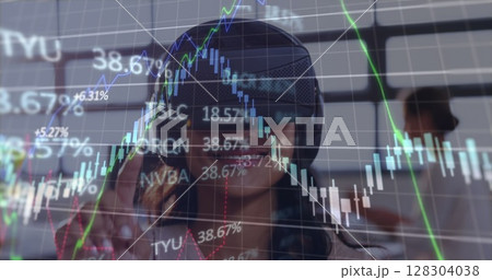Image of financial data processing over business people using vr headsets 128304038