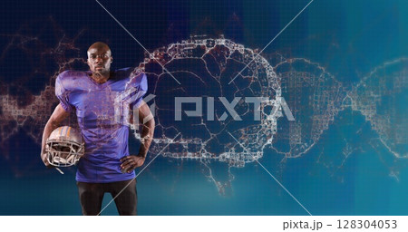 Image of digital brain spinning over male american football player holding helmet Image of digital brain spinning over male american football player holding helmet 128304053