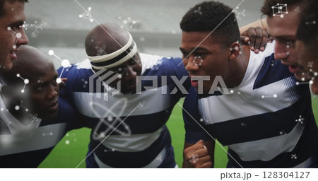 Image of chemical structures over male rugby players at stadium Image of chemical structures over male rugby players at stadium 128304127