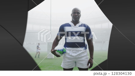 Image of black shapes over male rugby players at stadium Image of black shapes over male rugby players at stadium 128304130