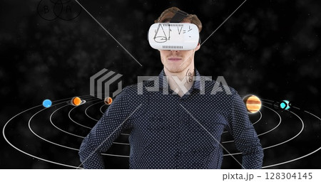 Image of businessman wearing vr headset over equations and solar system 128304145