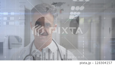 Image of statistics and data processing over male doctor Image of statistics and data processing over male doctor 128304157