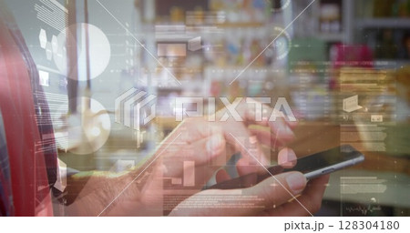 Image of statistics and data processing over woman using smartphone 128304180