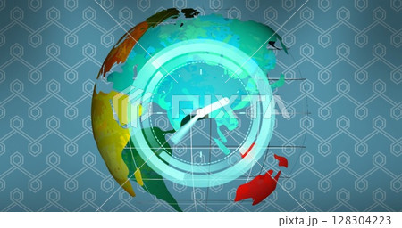 Colorful digital globe with abstract patterns and futuristic clock overlay Colorful digital globe with abstract patterns and futuristic clock overlay 128304223