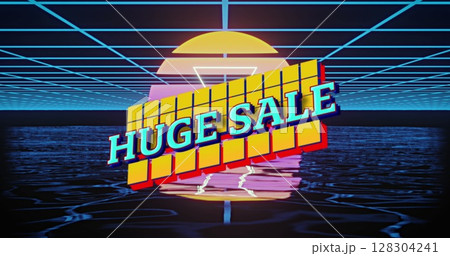Image of huge sale text over squares and retro grid background Image of huge sale text over squares and retro grid background 128304241