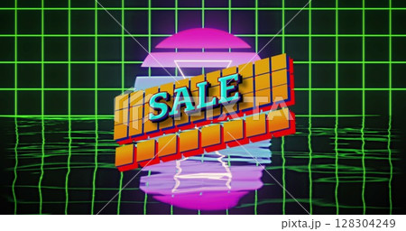 Image of sale text over squares and retro neon grid background Image of sale text over squares and retro neon grid background 128304249