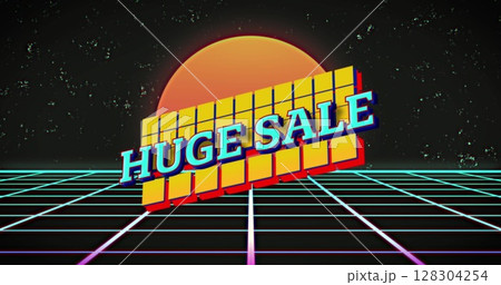 Image of huge sale text over squares and retro grid background Image of huge sale text over squares and retro grid background 128304254