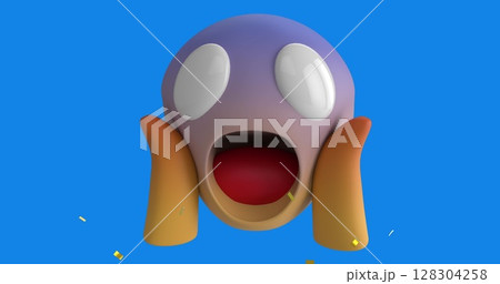 Digital image of golden confetti falling over surprised face emoji against blue background 128304258